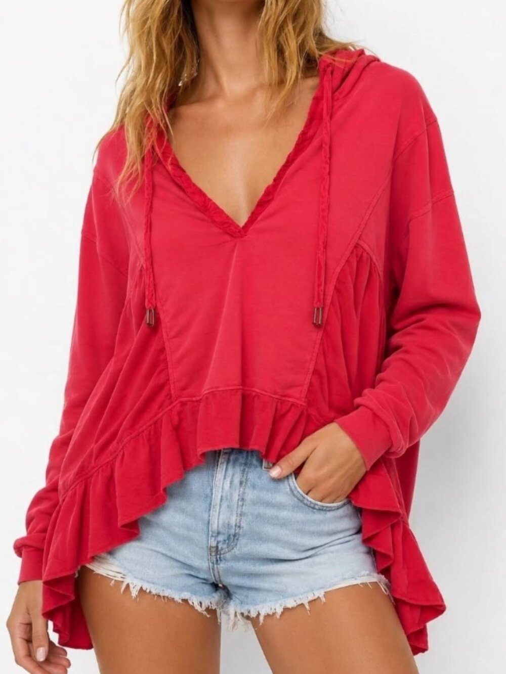 By Anthropologie The Sapphire Hoodie V Neck Pink Long Sleeve Ruffle Top S